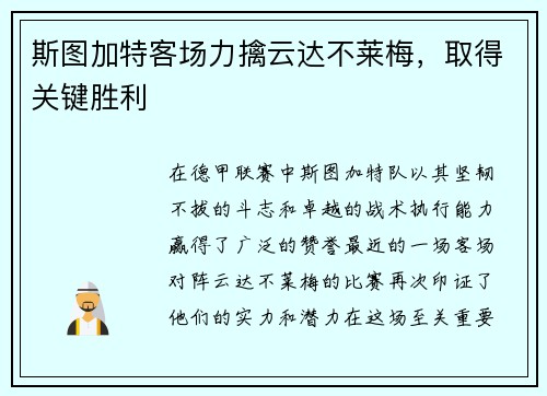 斯图加特客场力擒云达不莱梅，取得关键胜利