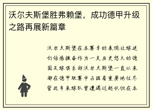 沃尔夫斯堡胜弗赖堡，成功德甲升级之路再展新篇章