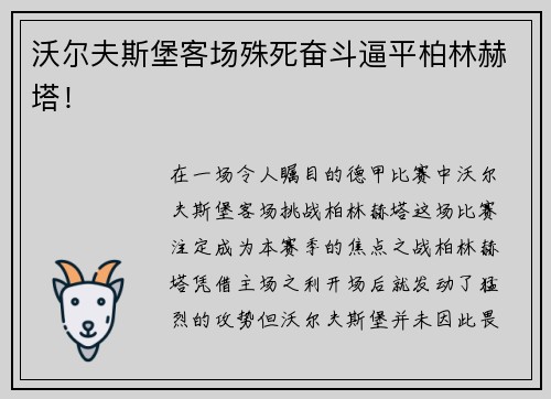 沃尔夫斯堡客场殊死奋斗逼平柏林赫塔！