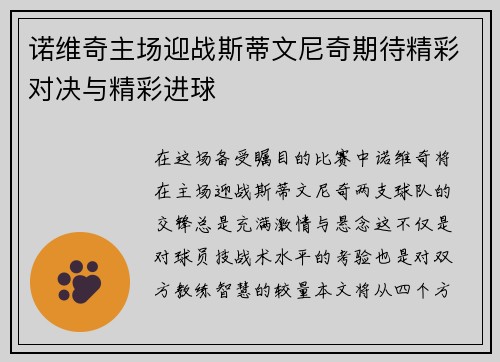 诺维奇主场迎战斯蒂文尼奇期待精彩对决与精彩进球