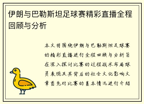 伊朗与巴勒斯坦足球赛精彩直播全程回顾与分析