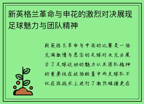 新英格兰革命与申花的激烈对决展现足球魅力与团队精神
