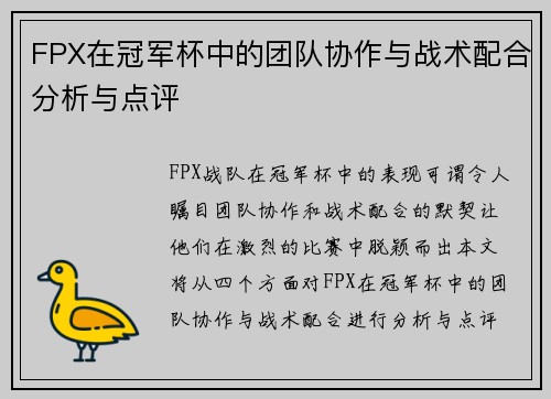 FPX在冠军杯中的团队协作与战术配合分析与点评