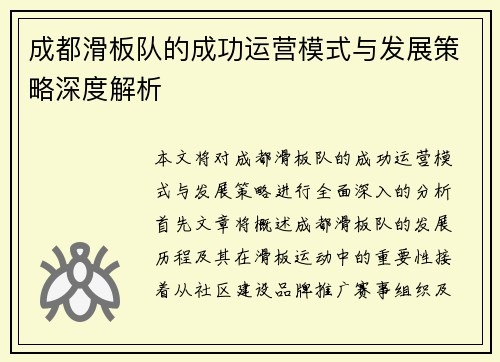 成都滑板队的成功运营模式与发展策略深度解析