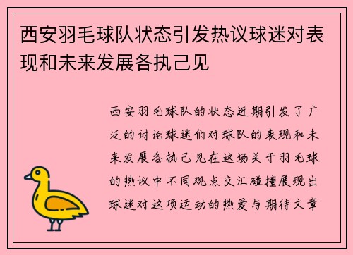 西安羽毛球队状态引发热议球迷对表现和未来发展各执己见