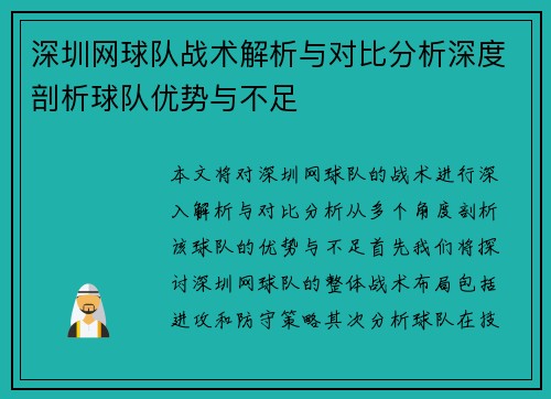 深圳网球队战术解析与对比分析深度剖析球队优势与不足