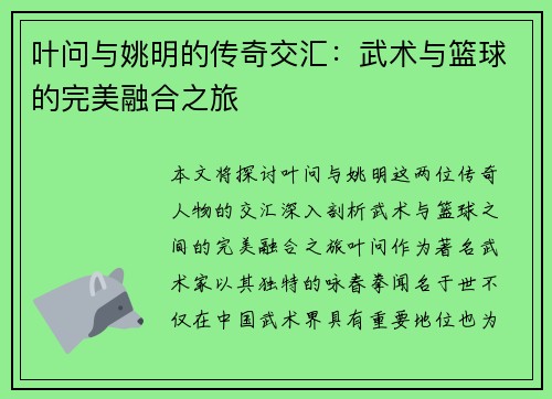 叶问与姚明的传奇交汇：武术与篮球的完美融合之旅